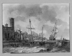 Italienischer Hafen mit Segelschiffen und Staffage by Abraham Storck