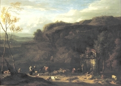 Landcape with shepherds and animals by a river by Jan Baptist Huysmans