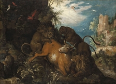 Landscape with Lions Attacking a Cow by Roelant Savery