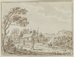 Landschap met huizen en heuvels by Hendrik Willem Schweickhardt