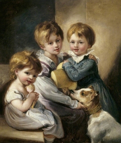 Mary Elizabeth Elton (1816-1840),  Jane Octavia Elton, later Mrs William Brookfield (1821-1896) and Arthur Hallam Elton later Sir Arthur Hallam Elton, 7th Bt MP (1818-1883) with their dog 'Rob Roy' by Thomas Barker