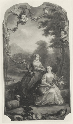 Pastoral with two woman holding flowers by Antoine Coypel