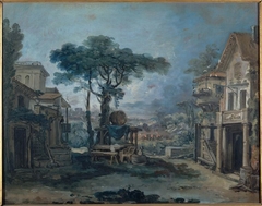 Projet pour un décor de théâtre : la place d'un village by François Boucher