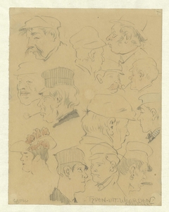 Schetsblad met kopstudies van typen op de kaasmarkt van Woerden by Leo Gestel