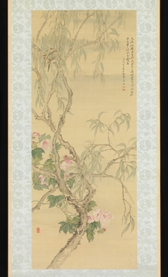 Small Birds on a Willow Branch and Hibiscus Blossoms by Tsubaki Chinzan