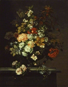 Still life of mixed flowers and a vase on a ledge by Jean-Baptiste Monnoyer