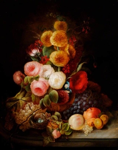 Still Life of Mixed Flowers in a Vase, with Fruit, Insects and a Bird's Nest with Eggs by James Stewart