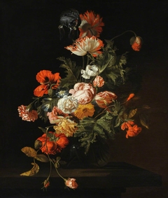 Still Life of Roses and other Flowers in a Glass Bowl on a Stone Ledge by Simon Pietersz Verelst