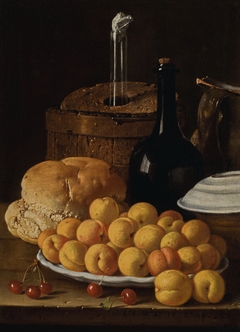 Still life with a plate of apricots, cherries, bread, a wine cooler and receptacles by Luis Egidio Meléndez