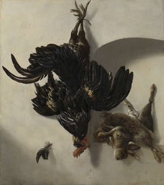 Still Life with Black Rooster and two Rabbits by Cornelis Lelienbergh