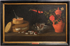 Still life with boxes, glass and ceramic planter by Josefa de Óbidos