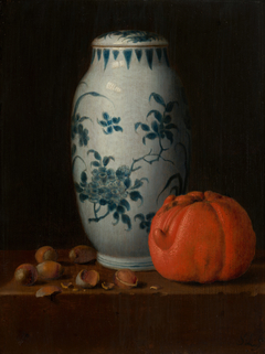 Still Life with Chinese Vase, Hazelnuts and Orange by Simon Luttichuys