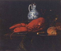 Still life with lobster, bread, knife, pewter plate, and roemer on a draped ledge by Simon Luttichuys