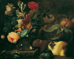 Stillleben mit Meerschweinchen, Blumen und Früchten by Franz Werner Tamm