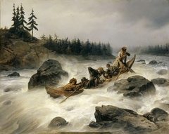 The Duke of Orleans riding dawn the great rapid of Eijanpaikka at the Muonio River (Lapland), August 1795 by François-Auguste Biard