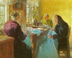 Three old women sewing a blue dress for a fancy dress ball by Anna Ancher