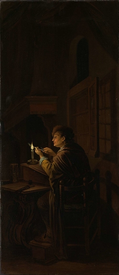 Triptych with an Allegory of Art Education, right panel, Schoolmaster Mending his Pen by Willem Joseph Laquy