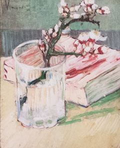 Blossoming Almond Branch in a Glass with a Book by Vincent van Gogh