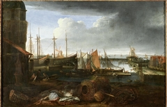 View of the harbor of Hoorn, with a still life of fish and baskets in the foreground by Matthias Withoos