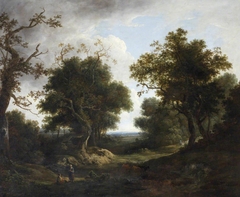 Wooded Landscape with Cattle and Sheep and Peasant Figures by a River by Benjamin Barker