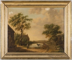 Zomers dorpslandschap met koeien aan het water by Johan Joeke Gabriël van Wicheren