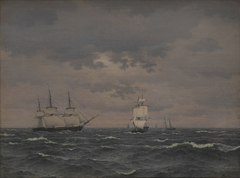 A Corvette Reefing Sails in a Freshening Wind and some other Ships by Christoffer Wilhelm Eckersberg