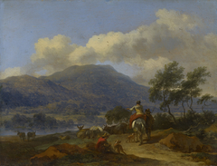 A Mountainous Landscape with two Shepherds, a Shepherdess and Cattle by Nicolaes Pieterszoon Berchem