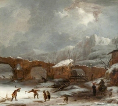 A Winter Landscape with the Pont du Rhône by Nicolaes Pieterszoon Berchem