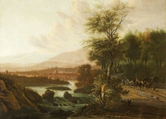 A Wooded River Landscape with a Coach and Figures on a Road by Willem Schellinks