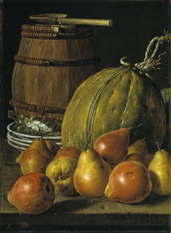 Bodegón con peras melones platos y barril by Luis Egidio Meléndez