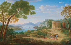 classical landscape with figures seated before a tempietto by Hendrik Frans van Lint