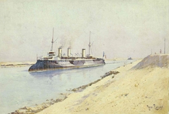 Cuirassé français franchissant le canal de Suez by Henri-Edmond Rudaux