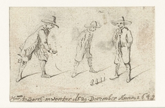 Drie jongens spelen het spel koten by Harmen ter Borch
