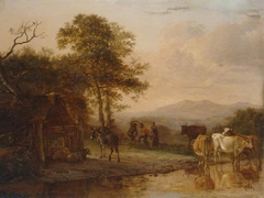 Evening Landscape with Cattle and Peasants Dancing to the Sound of a Pipe by Paulus Potter