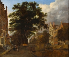 Gefantaseerd Amsterdams stadsgezicht met gracht by Jan van der Heyden