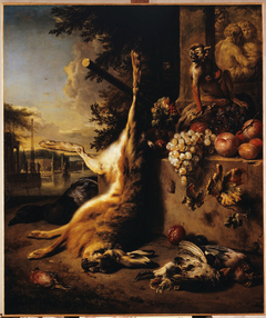 Gibier mort, singe et fruits devant un paysage by Jan Weenix