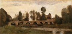 Grez-Sur-Loing, bridge and church by Jean-Baptiste-Camille Corot