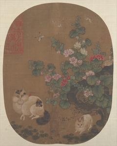 Hollyhocks and Cats by Anonymous