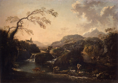 Italianate landscape with a river, a herder with cows and a traveller on a country road by Hans de Jode