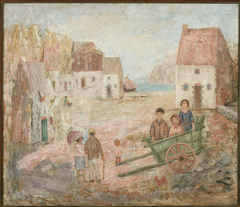 Landscape of a small town with children in a pram by Tadeusz Makowski