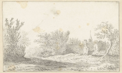 Landschap met enkele huizen en kerktoren van een dorp by Unknown Artist