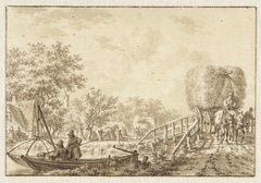 Landschap met vissers in een bootje en hooiwagen op een bruggetje by Jacob Cats 1741-1799