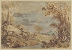 Landschap met voorttrekkende kudden by Giovanni Benedetto Castiglione