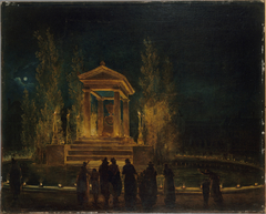 Le Mausolée provisoire de Jean-Jacques Rousseau, sur le bassin des Tuileries, avant la translation de ses cendres au Panthéon Nuit du 10 au 11 octobre 1794 by Hubert Robert