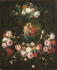 Madonna and Child set in a Garland of Flowers by Jan Philip van Thielen