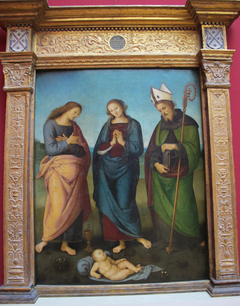 Maria, Johannes Ev. und der hl. Nikolaus (Augustinus?) beten das Christkind an by Pietro Perugino