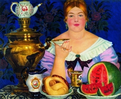 Merchant’s Wife drinking tea by Boris Kustodiev