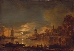 Moonlit river landscape with mill by Aert van der Neer