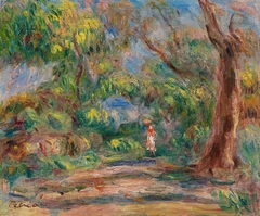 Paysage, allée de ferme avec femme en rouge et blanc by Auguste Renoir