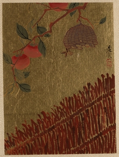 Persimmons Branch and Wasp Nest above a Hedge by Shibata Zeshin